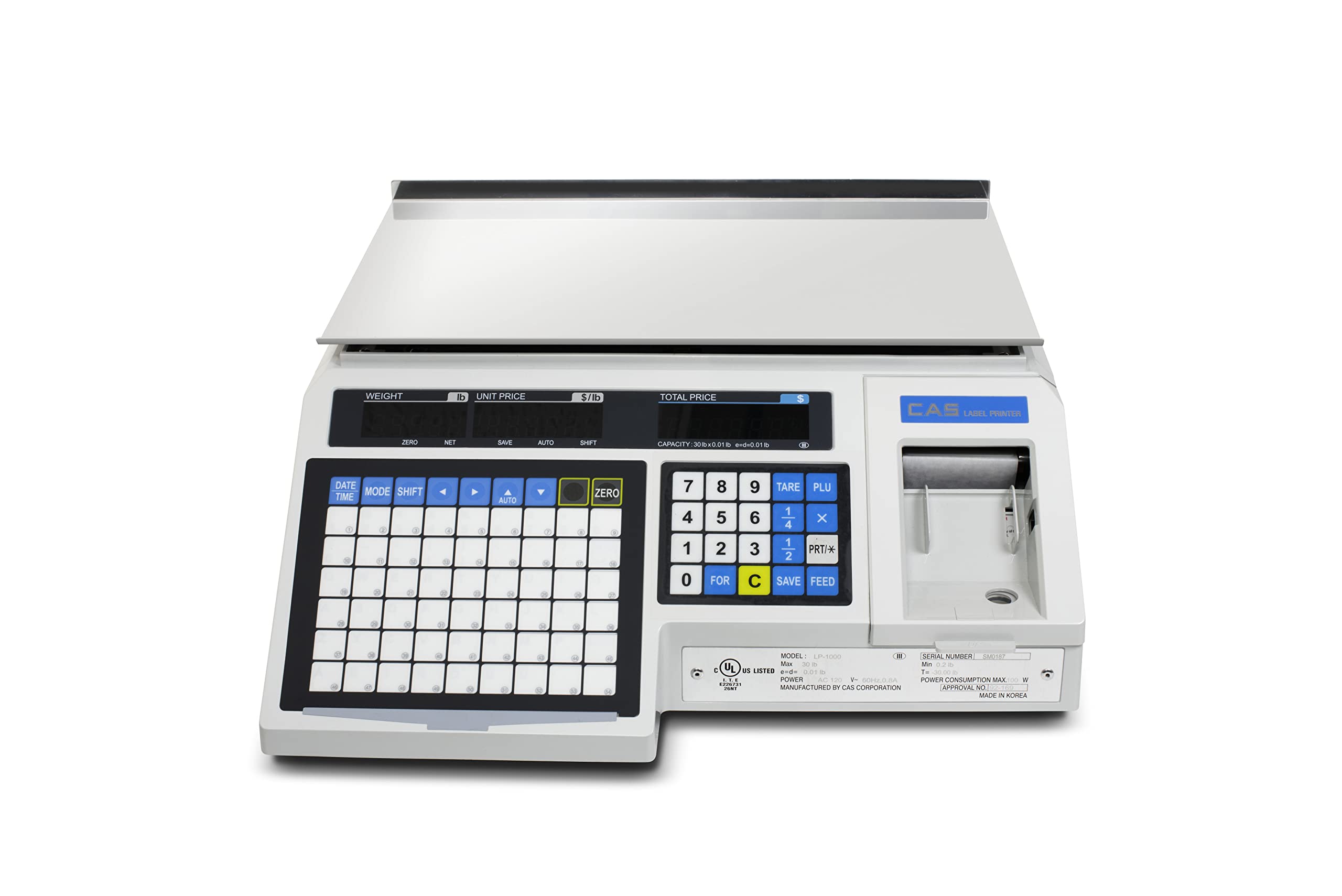 CAS LP-1000N Scale with Label Printer - 30lb Capacity NTEP Certified Label Scale for Legal Trade - Features 54 Speed Keys and 4,000 PLU's - Stainless Steel Platter