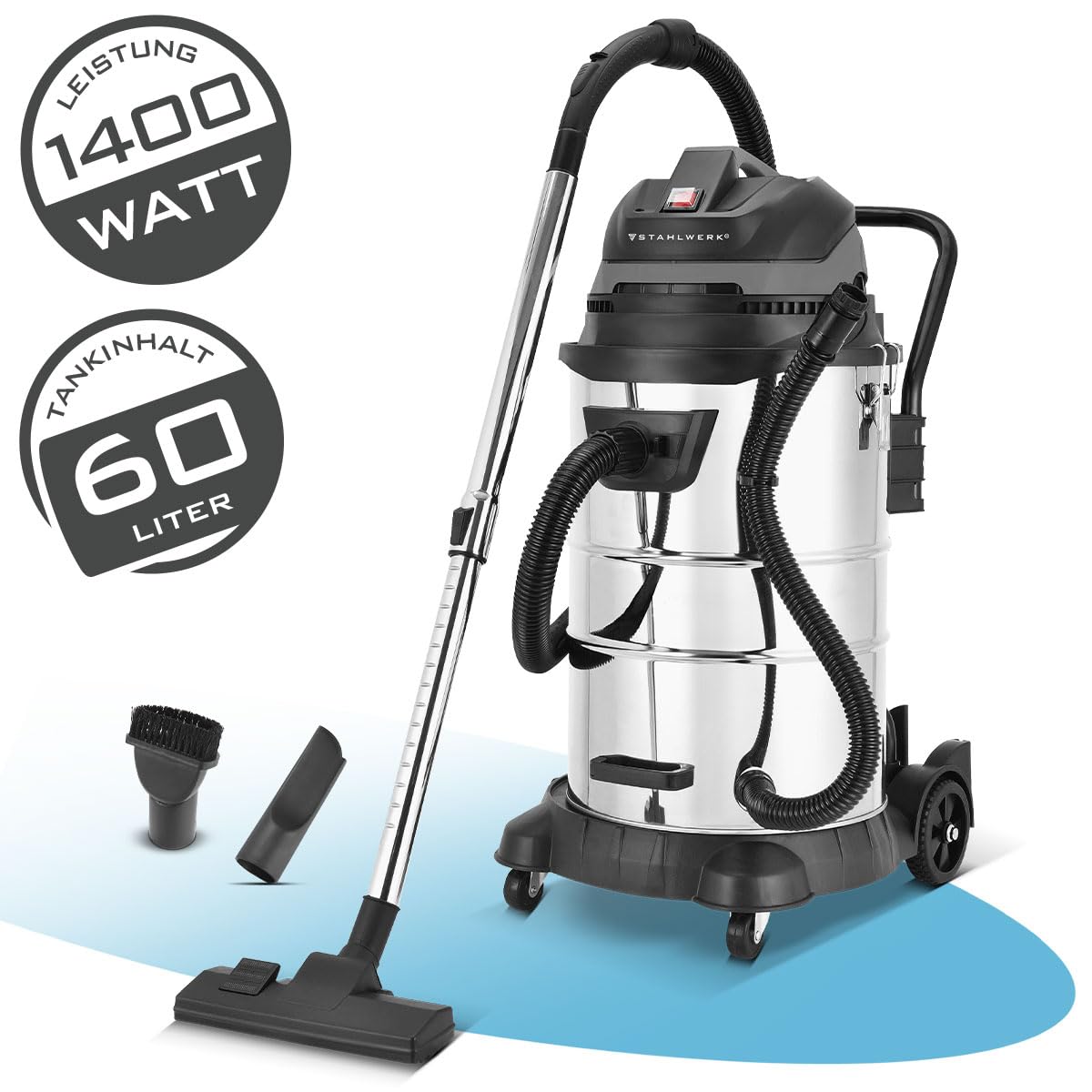 STAHLWERK VCL-1400 ST - Aspirador Industrial 1400W con Tanque Metálico 60L, Función Soplador, Función de Agitación de Polvo y Función de Apagado de Seguridad, Aspirador