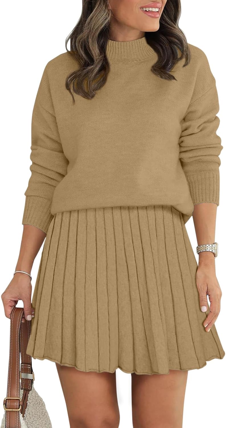 Women's Two Piece Outfits Turtleneck Long Sleeve Ribbed Knit Tops Pleated Mini Skirt 2025 Casual Sweater Sets