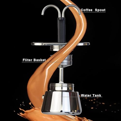 Miniatura 7 de Olla Moka de acero inoxidable, estufa de 2 tazas, máquina de café con doble boquilla, fácil de operar, hacer café rápidamente, olla moka de 3.5