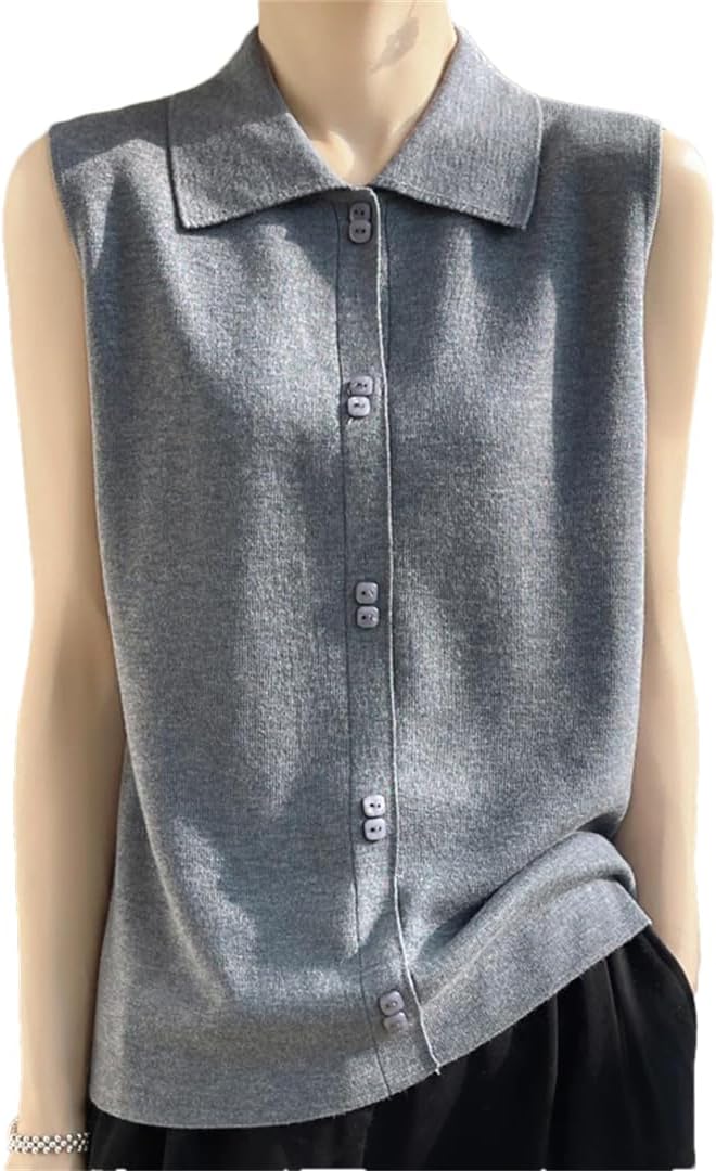 Womens Knit Sweater Vest Sleeveless Button Down Sweater Lapel Vest Loose Tops