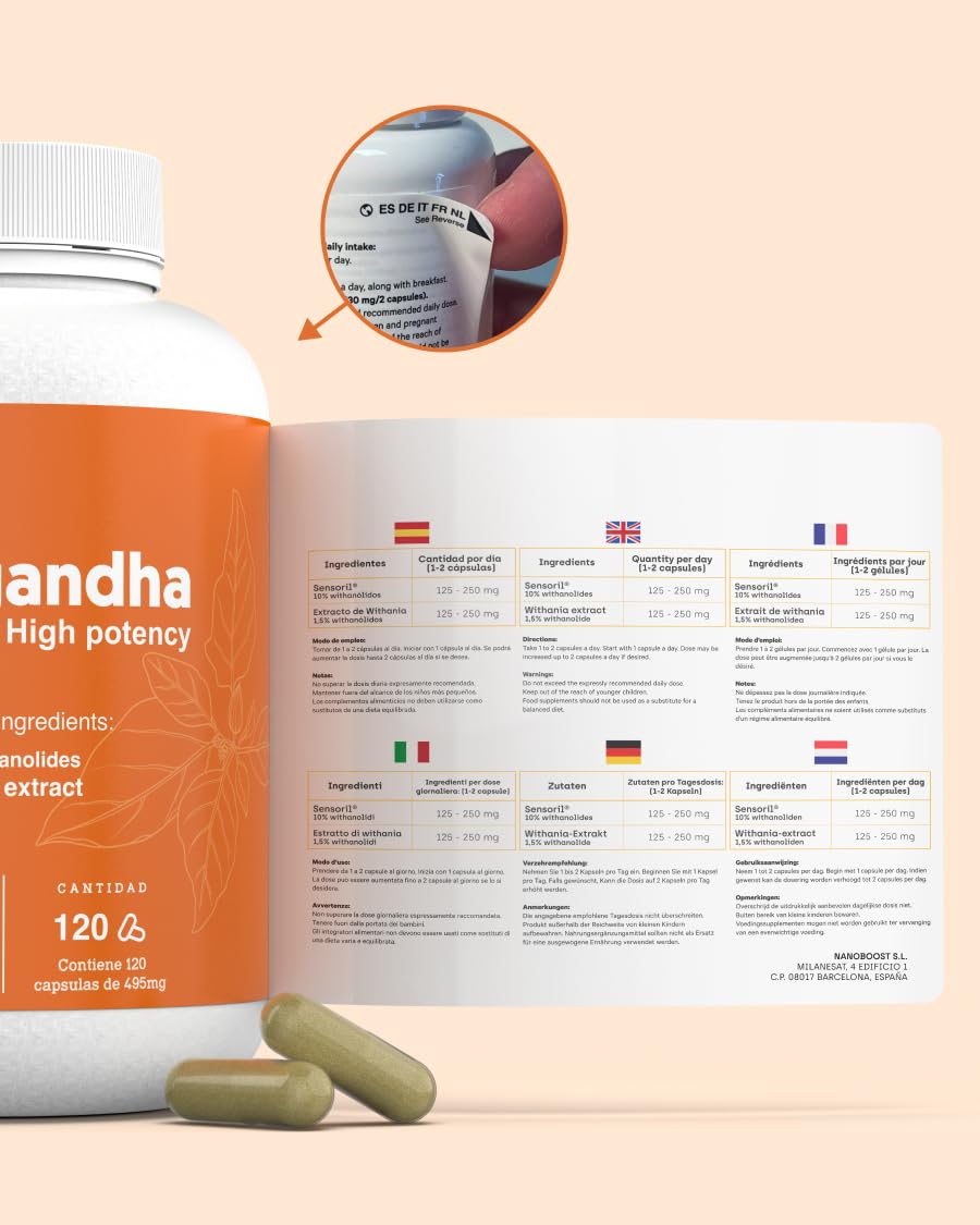 Ashwagandha Alta Potencia: Adaptógeno con Sensoril® (10% Withanólidos) | Sueño Profundo, Estrés, Bienestar, Energía, Concentración | 120 cápsulas | 4 Meses | 2x Más Concentrado que Ashwagandha KSM-66