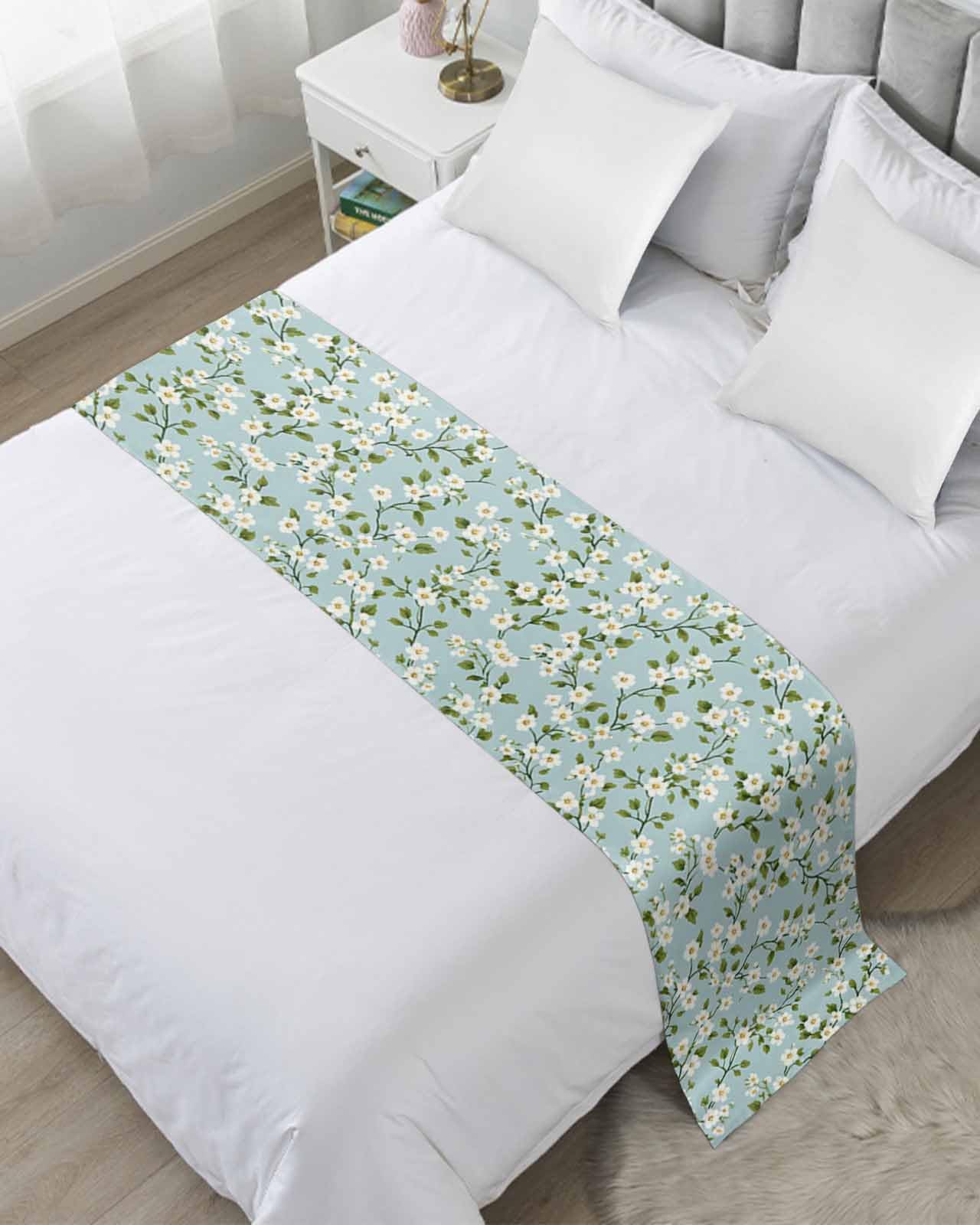 DecorLovee White Teal Spring Floral Bed Runners for Twin Size Bed, Decorative Bed Throws for Foot of Bed, Farmhouse Flowers Summer Botanical Bed Runner Sofa Throw Bedding Scarf Protector for Bedroom