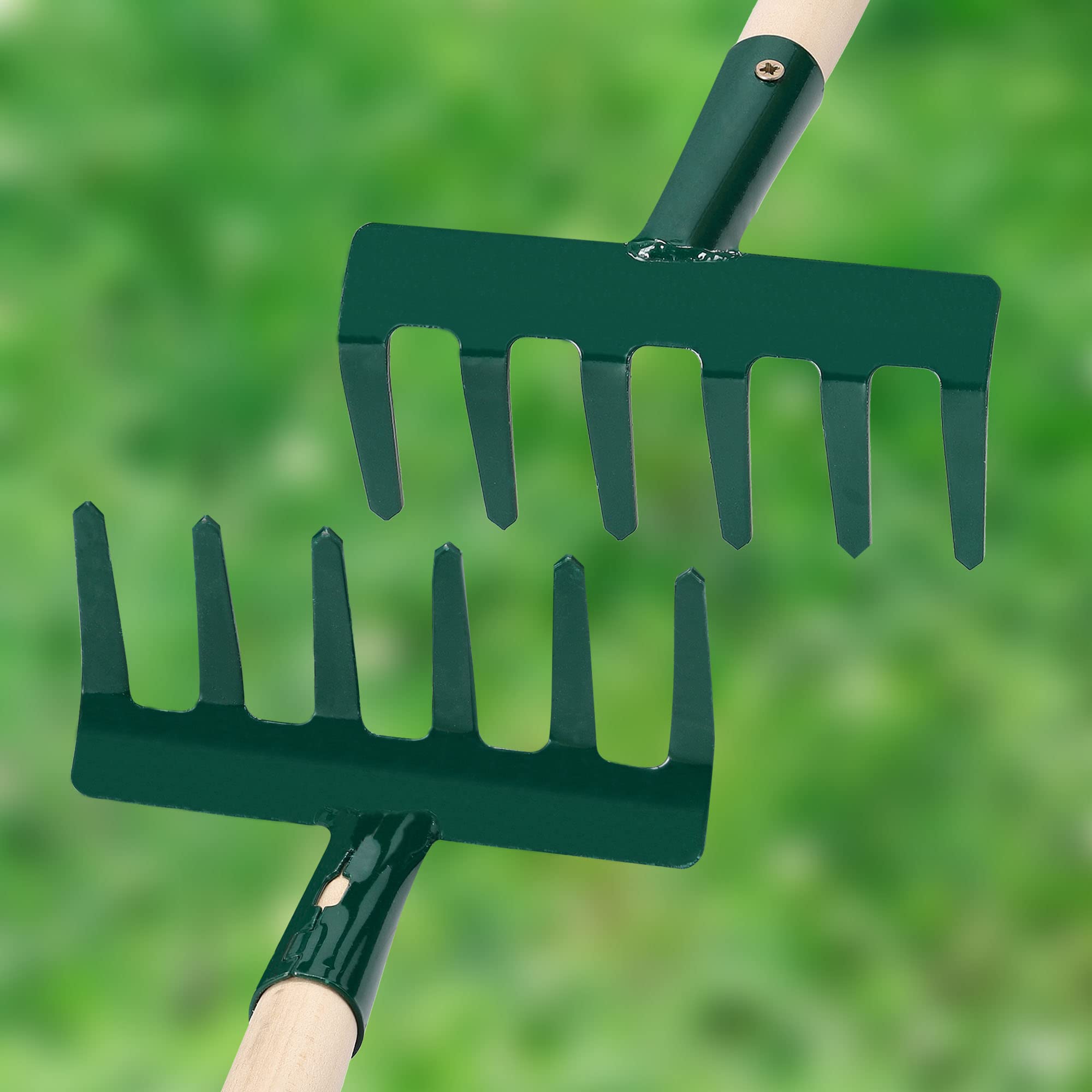KOTARBAU® Grabki Metalowe - 11,5 cm - Grabie do Rabat - Grabki Ogrodowe - 6 Zębów - Zielone - Drewniany Trzonek - 60 cm
