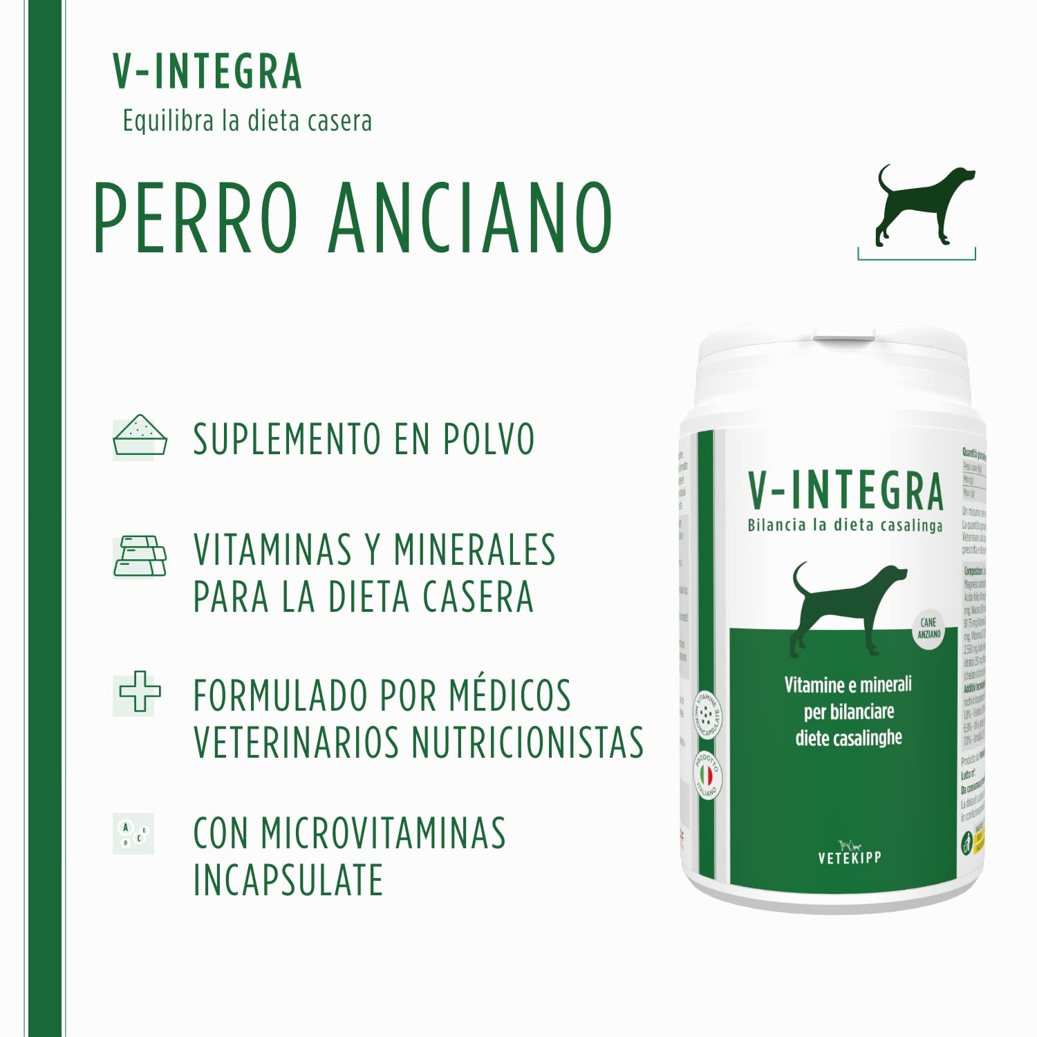 V INTEGRA Perro Anciano 200g, Suplemento Completo Rico en Vitaminas y Minerales para Equilibrar Dieta Casera y Barf, V Integra Vitaminas para Perros, Suplementos para Perros Made in Italy