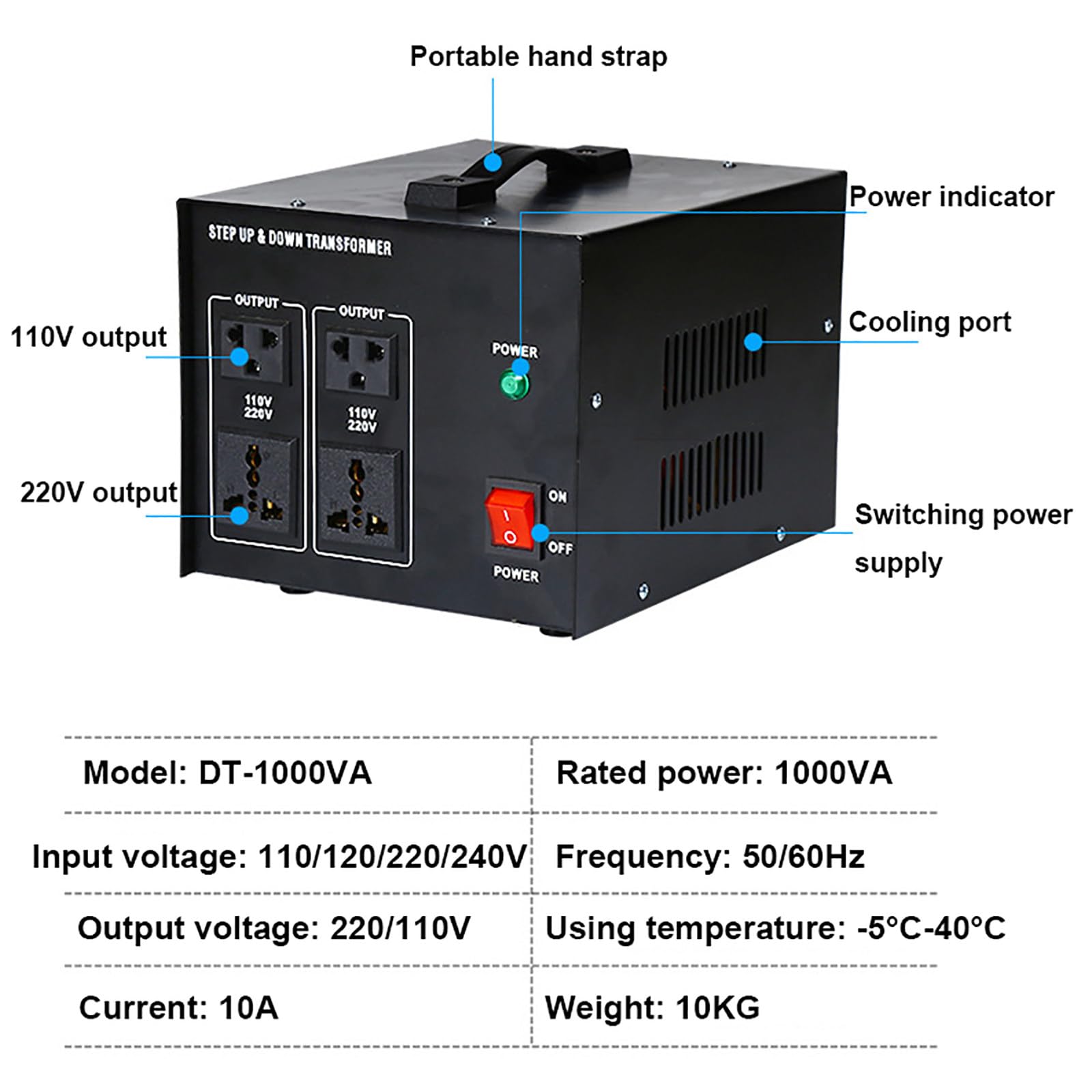 Transformador convertidor de Voltaje de 1000 W, convertidor de Potencia de 110 V/120 V/220 V/240 V, Elevador/Reductor, Enchufe Universal de 2 Pines, Compacto para Uso doméstico.
