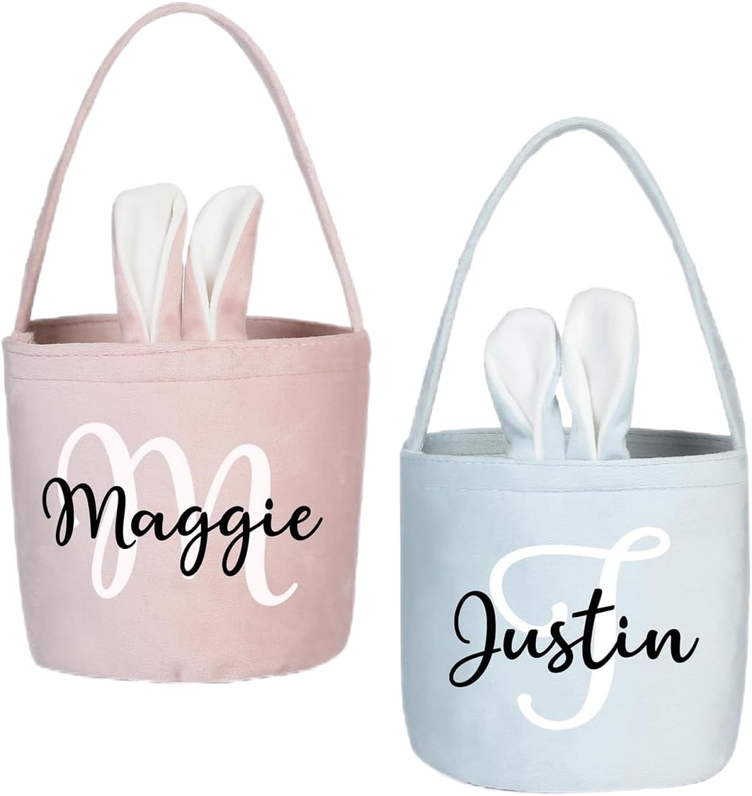 Custom Name Easter Basket: Personalized Easter Baskets for Girls Boys - Photo Name Bunny Bag Kids Party Bag