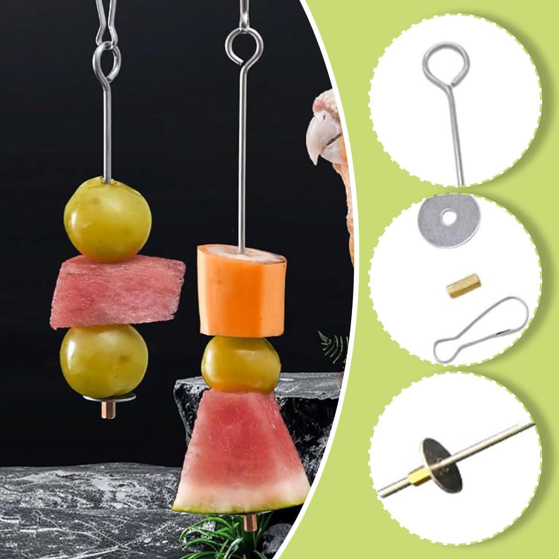4 Pezzi Spiedino Portafrutta per Pappagalli, Mangiatoia per Pappagalli, Accessorio Appeso alla Gabbia per Foraggiamento del Cibo, Portafrutta per Uccelli, Giochi per Pappagalli, Acciaio Inox