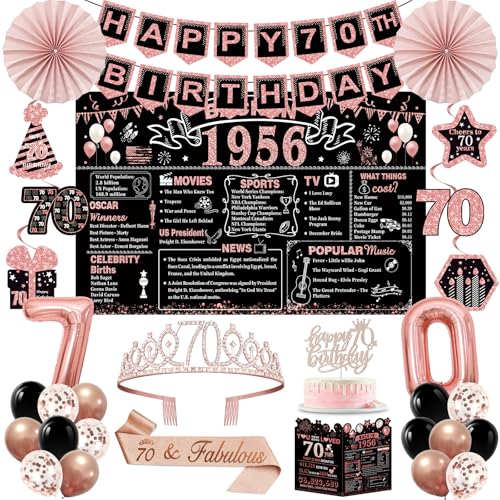 70th Birthday Decorations for Women,32PCS Back in 1956 Birthday Party Decorations,Including Backdrop, Crown, Sash, banner, Hanging Swirl,Cake Topper,balloons,Paper Fans and Anniversary Card
