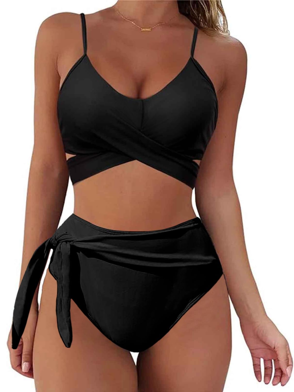 Yutdeng Bikini Mujer Braga Alta Crossover Cuello V Bikini Push Up con Relleno Biquini con Lazo Bikini Reductores Barriga Trajes de Baño Bañador Mujer Dos Piezas Bikini Triangulo