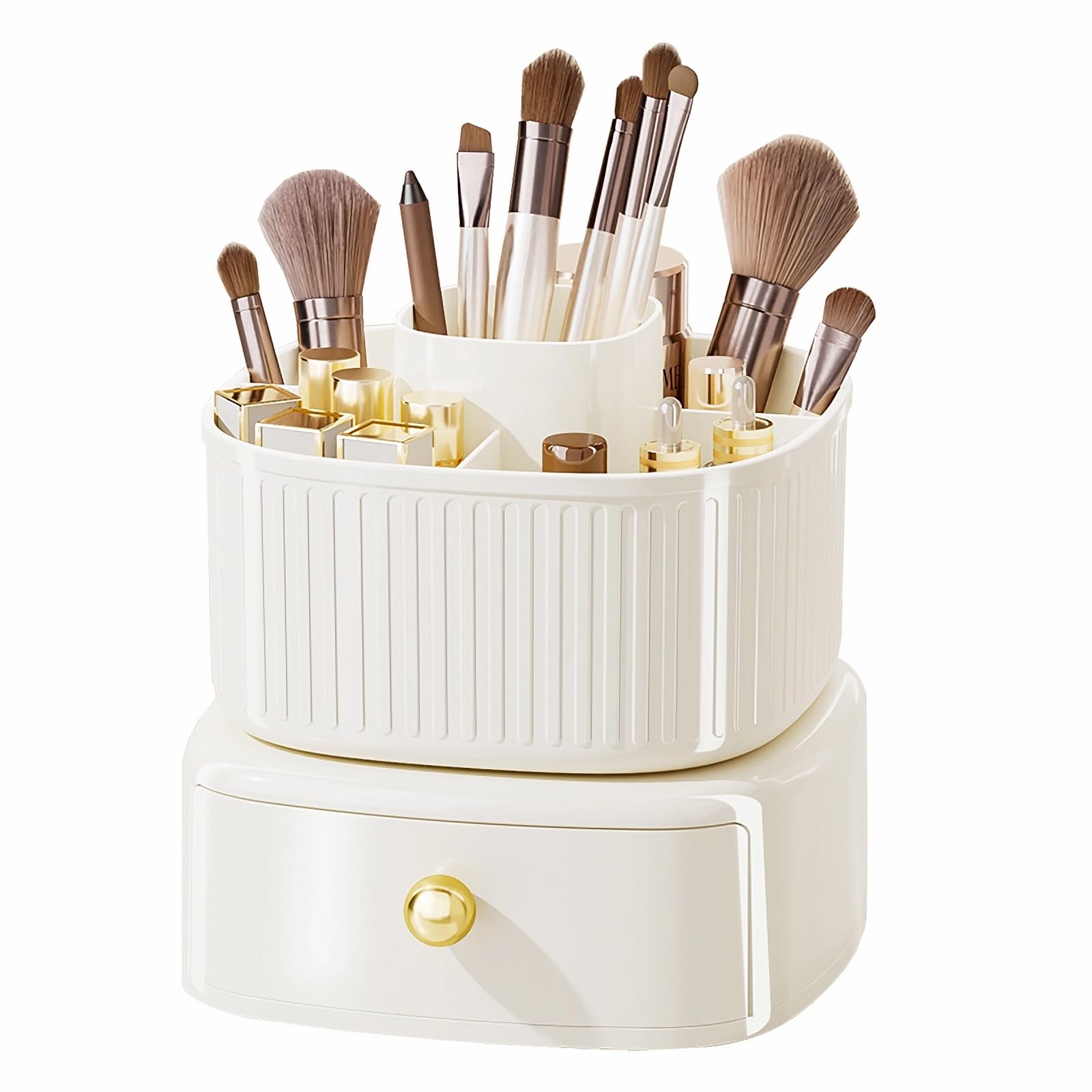 Makeup Brush Holder, Upgraded Rotating Makeup Brush Holder with Drawer,Vecolla Make up Brushes Organizer for Vanity,Cosmetics,Skincare,Nail Polish,Lipstick,Bathroom Countertop Organizer(White)