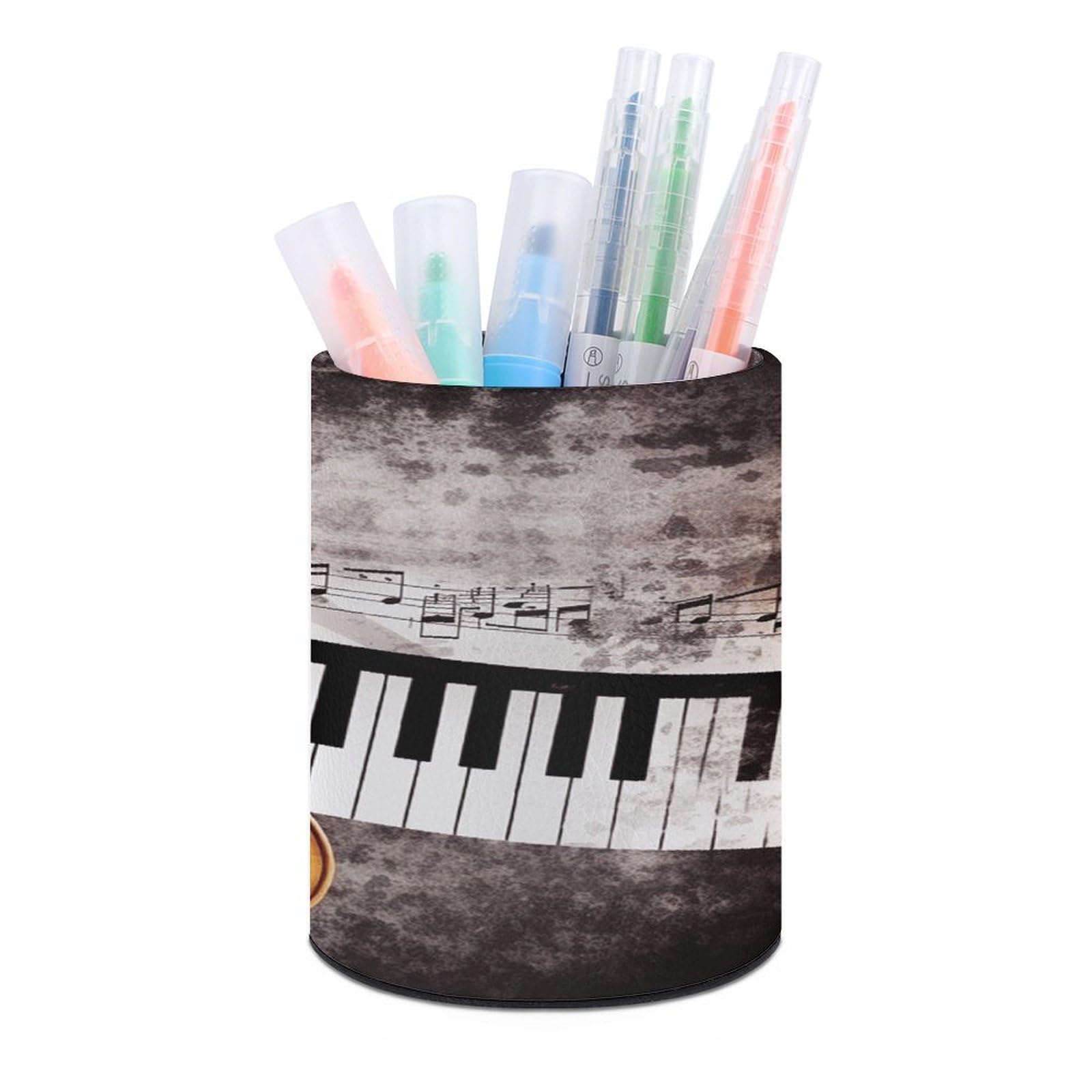 VstaDank Piano Violin Music Notes Pen Holder PU Leather Pencil Cup Minimalist Desk Pencil Holder Round Make Up Brush Organizers For Office Dorm Room&Vanity Desk Accessories