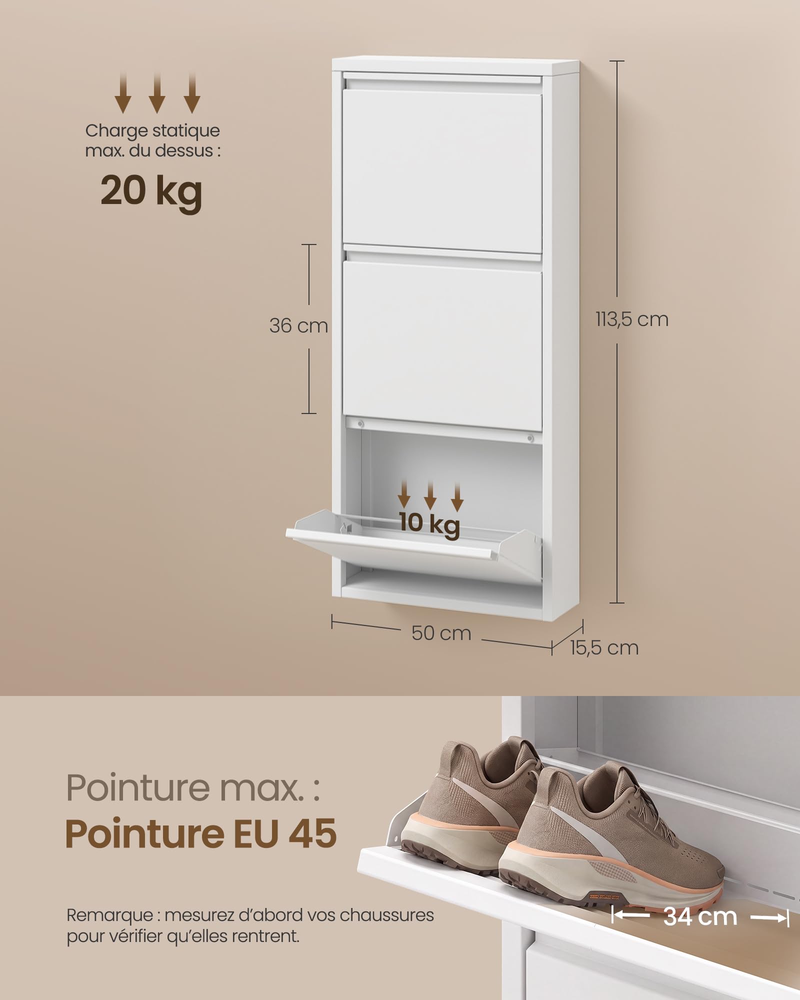 VASAGLE Meuble à Chaussures, 3 Abattants, Extra Plat, Acier