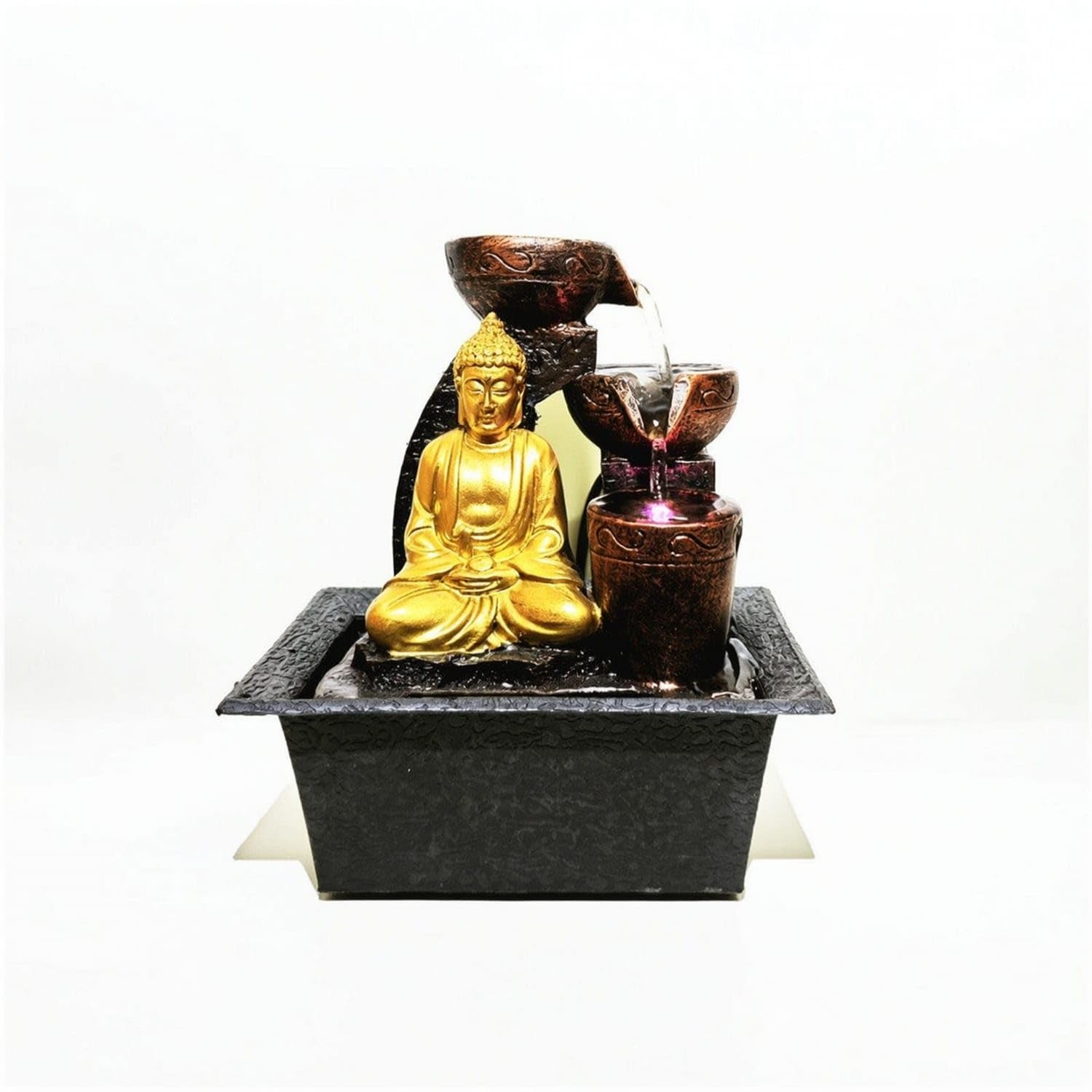 Tiered Tabletop Fountain with Buddha Decorative Buddha Fountain Textured Carved for Buddhists, Entry Table, Tea Corner, Desk, Living Room, Us Plug-image-13