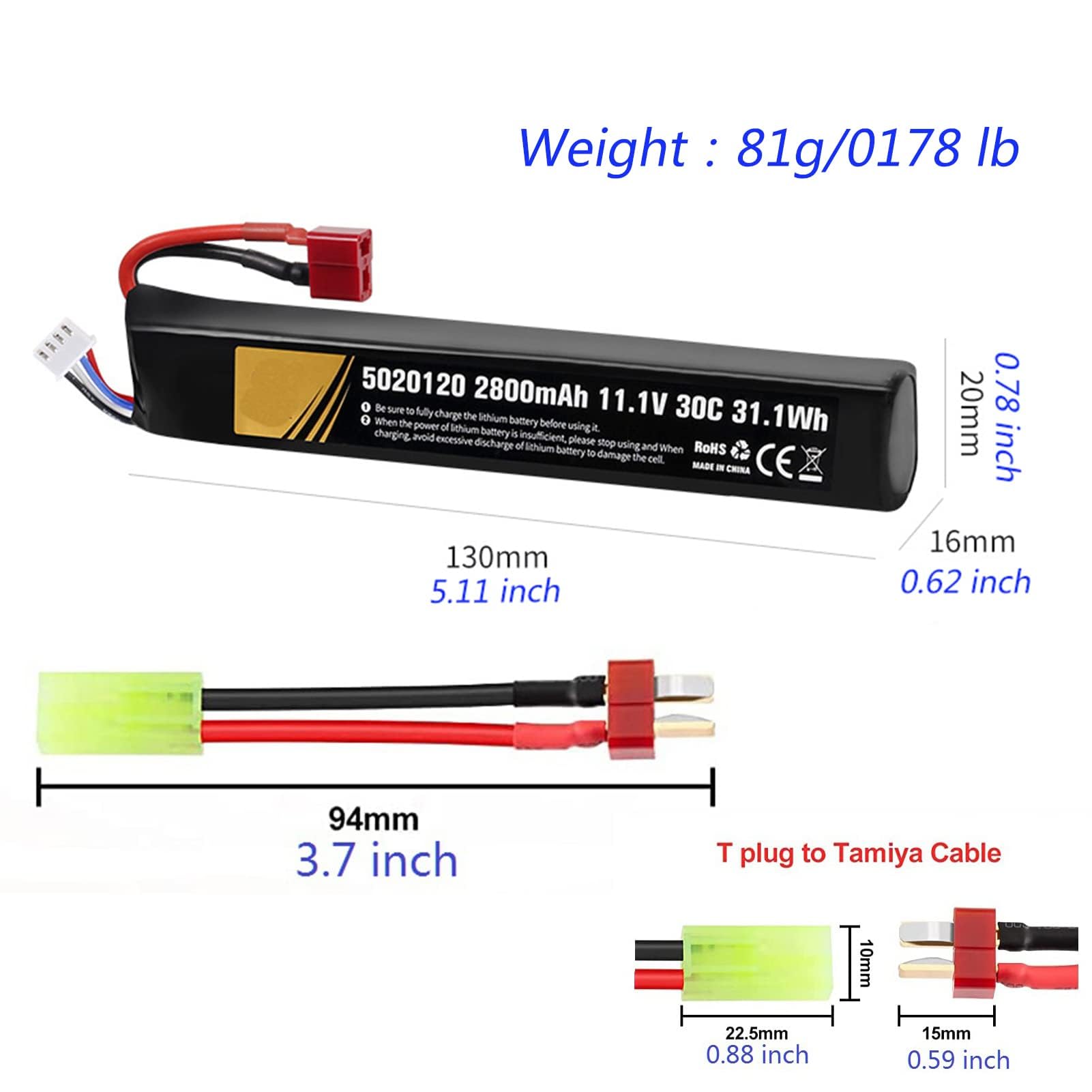 Batteries Airsoft 11.1V 30C 2800mAh Batterie lipo doyens Airsoft Prise en T avec Chargeur USB Prise en T vers Mini câble Tamiya Batteries Rechargeables pour Accessoires de modèle de Pistolet Airsoft