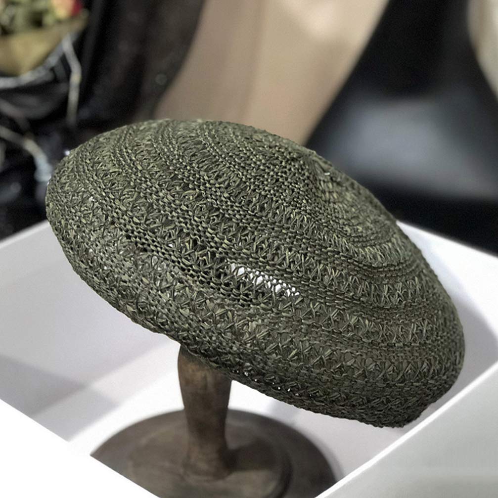 TENDYCOCO Straw Beret Hat Fall Winter Woven French Hat Travel Beach Basque Beret Art Hat for Women Girls Lady - Dark Green