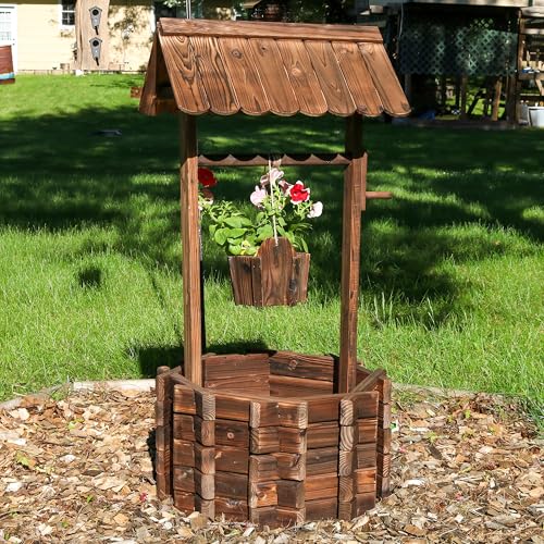 Sunnydaze 45” H Wooden Garden Wishing Well for Outside - Decorative Wishing Well Planter Cover with Hanging Flower Bucket
