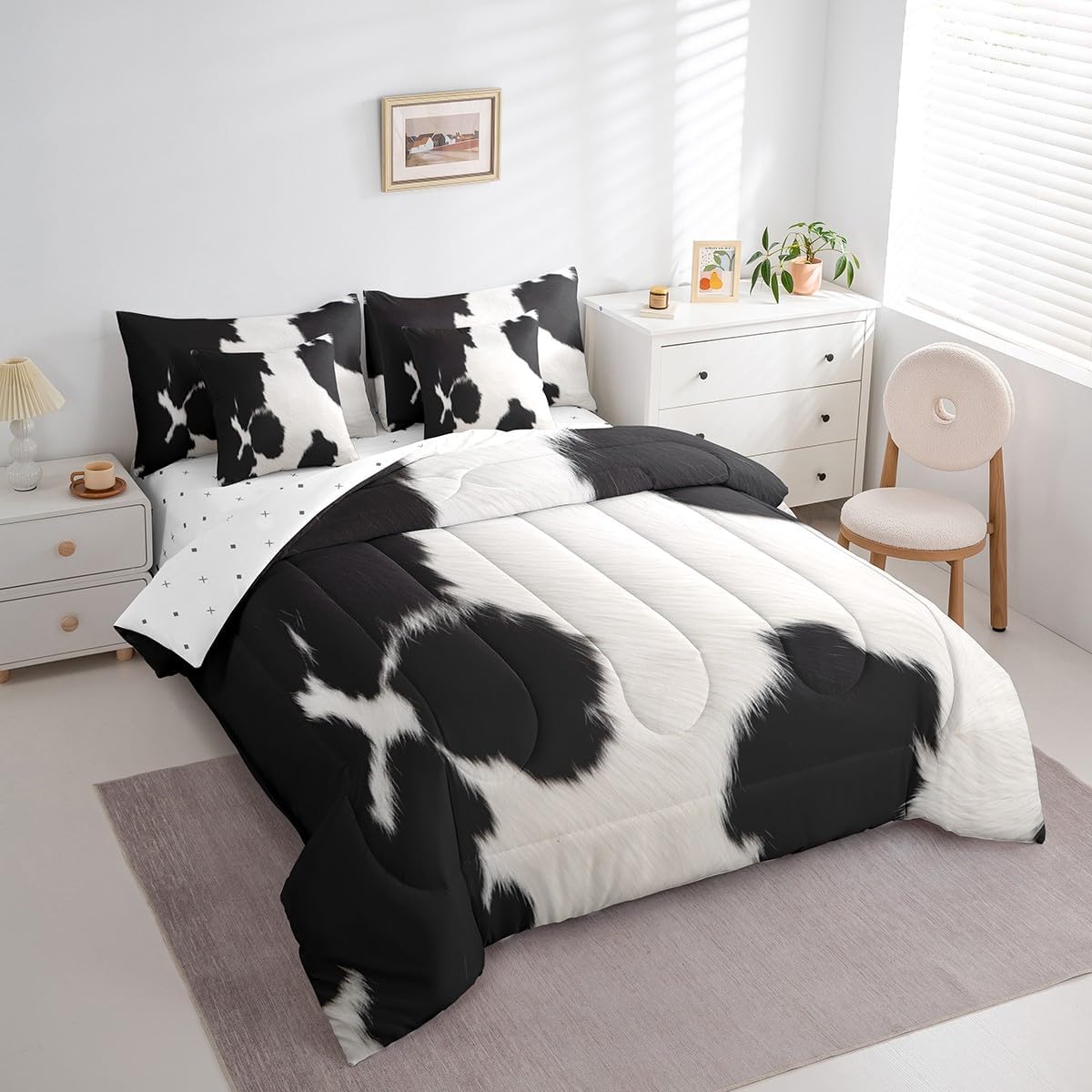Feelyou Cow Fur Print Comforter Set 7 Piece Twin Size for Kids Adults Cabin Farmhouse Cowhide Bedding Set Western Bedding Twin Comforter Set Boys Bed Set with Sheets, Pillowcases, Pillow Covers