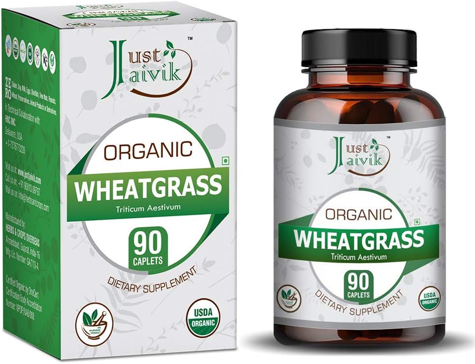 Just Jaivik Organic Wheat Grass Tablets - 750mg, 90 Tablets | Natural Antioxidant Superfood, Detoxifies The Body & Boost Immunity | GMP, Non GMO, Vegan
