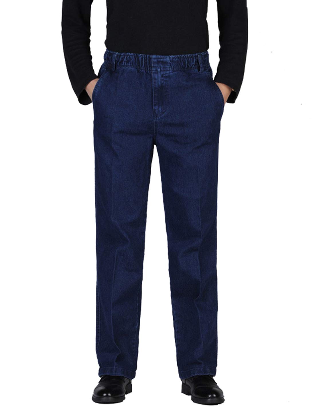 Locachy Men's #1 Dark Blue Elastic Waist Denim Pants Casual Loose Straight Jeans, 36