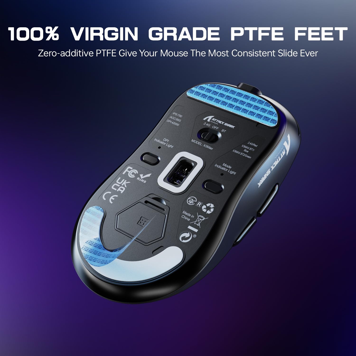 ATTACK SHARK X3MAX Superlight de 49g Ratón, Sensor PixArt PAW3950, hasta 420000 dpi, Ratón para Juegos BT/2.4G Wireless/Wired con Cable en Espiral, 100M Clicks Optical Microswitches, para PC/Xbox/Mac