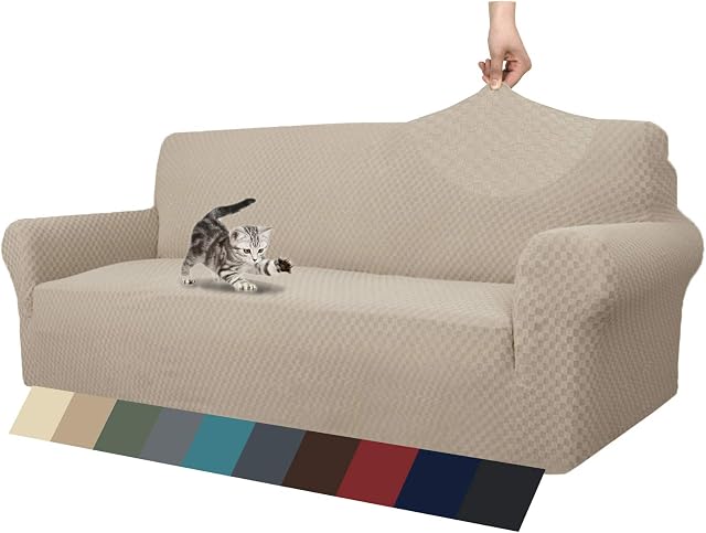 MAXIJIN Newest Jacquard Sofa Covers for 3 Seater, Super Stretch Non Slip Couch Cover for Dogs Pet Friendly 1-Piece Elastic Furniture Protector Sofa Slipcovers (3 Seater, Khaki)