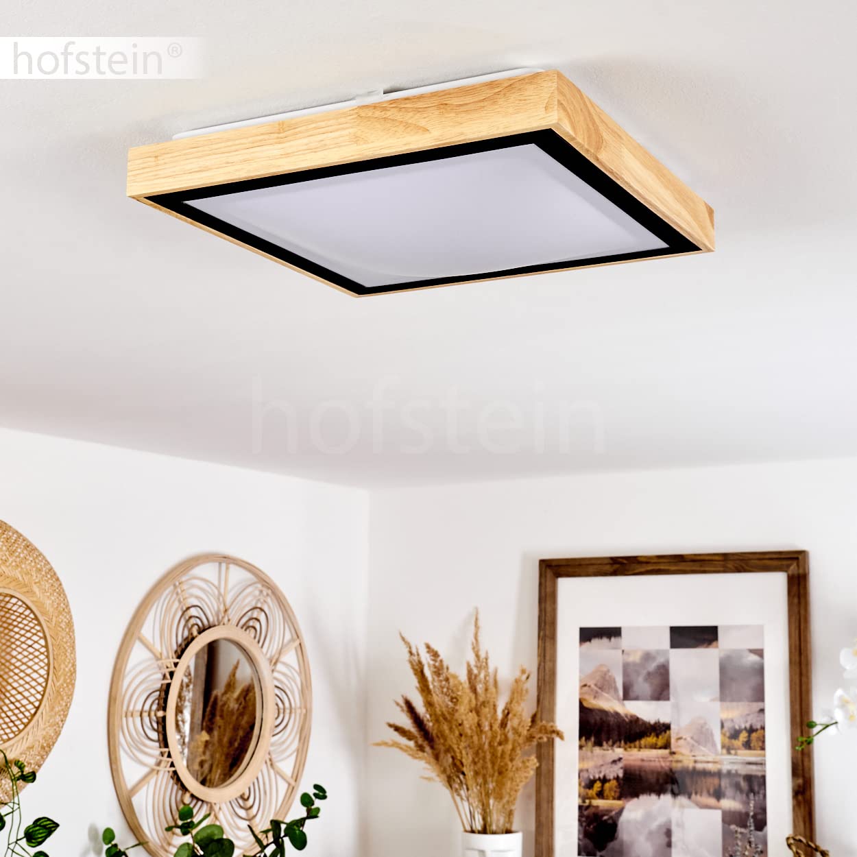 Plafonnier LED Corinto, lampe en métal noir/bois naturel/plastique blanc, luminaire scandinave idéal dans un séjour modern, 18 Watt, 1820 Lumen, 3000 Kelvin