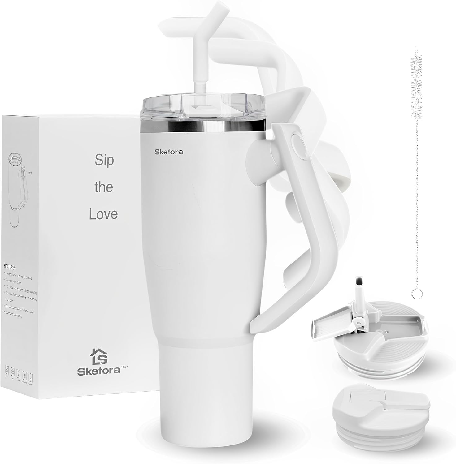 32oz Insulated Tumbler with Rotatable Handle and 2 Lids (Flip Straw, 3-in-1 Sliding Lid) - Stainless Steel Travel Mug for Hot & Cold Drinks, Arctic White Arctic White 32 Ounces