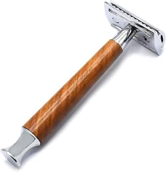 Double Edge Razor for Men, ODM Natural Wood Handle Safety Razor with All Metal Waterproof Head, Classic Long Handle Double Edge Safety Razor, Collectors Edition Gift for Family & Friends BTS-303
