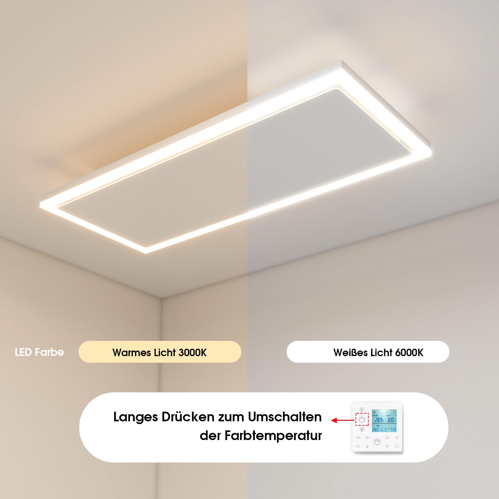 Riscaldamento a infrarossi, montaggio a soffitto, 1190 Watt, riscaldamento a raggi infrarossi con illuminazione a LED, riscaldamento a infrarossi, soffitto con termostato, telecomando, riscaldamento