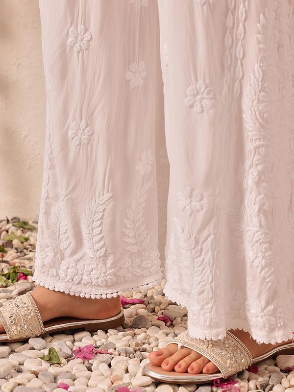 Image of Ada Lucknowi Chikankari Hand Embroidered Modal Flared Palazzo for Women A711198