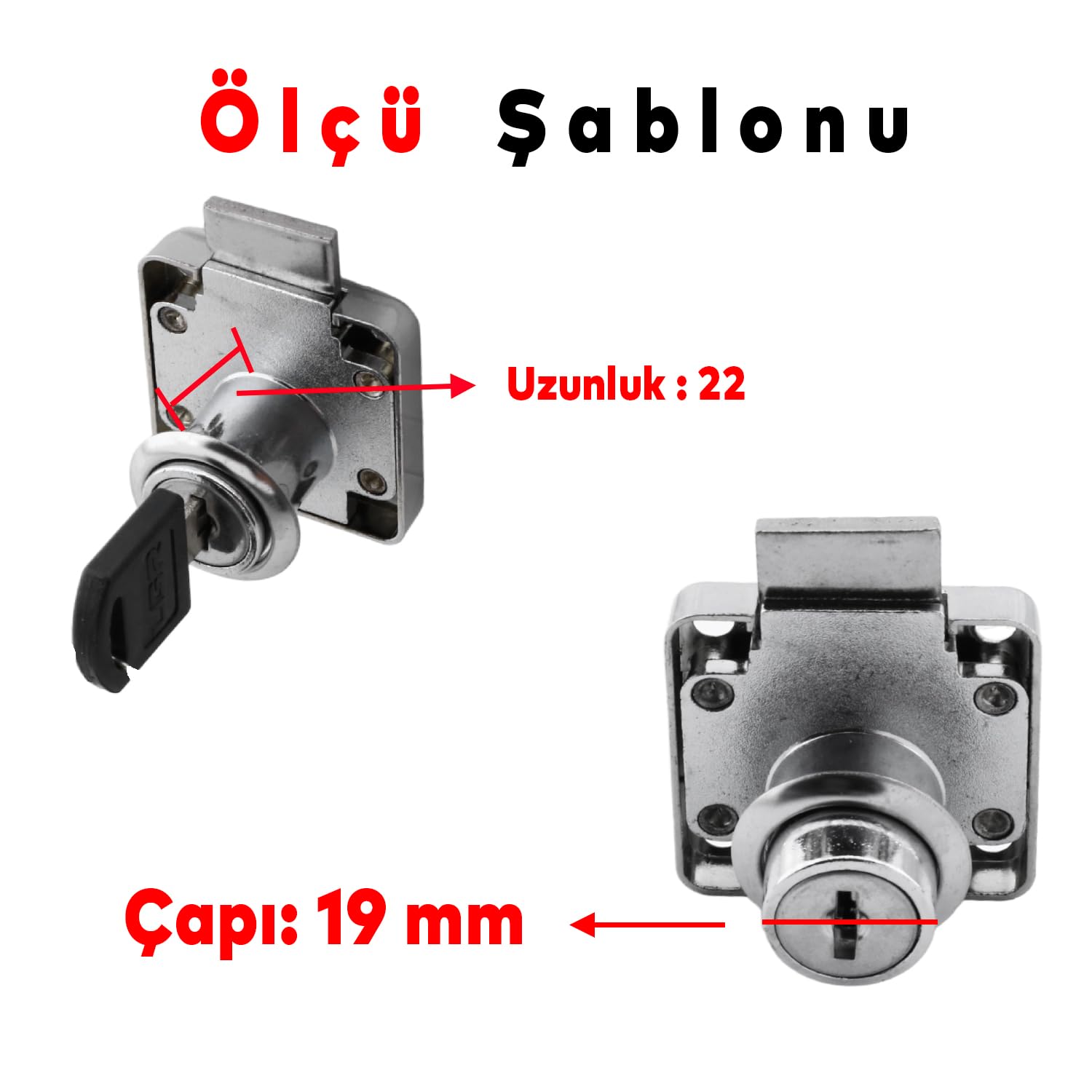 Badem10 Ugr Kare Mobilya Çekmece Dolap Kilidi Nikel Krom 2 Anahtarlı Kilit 4x4 cm 22 mm