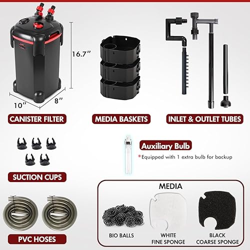 Miniatura 5 de Filtro de recipiente de 265 GPH, filtro externo de acuario de 3 etapas, máquina de limpieza de circulación de agua ultra silenciosa con medios para