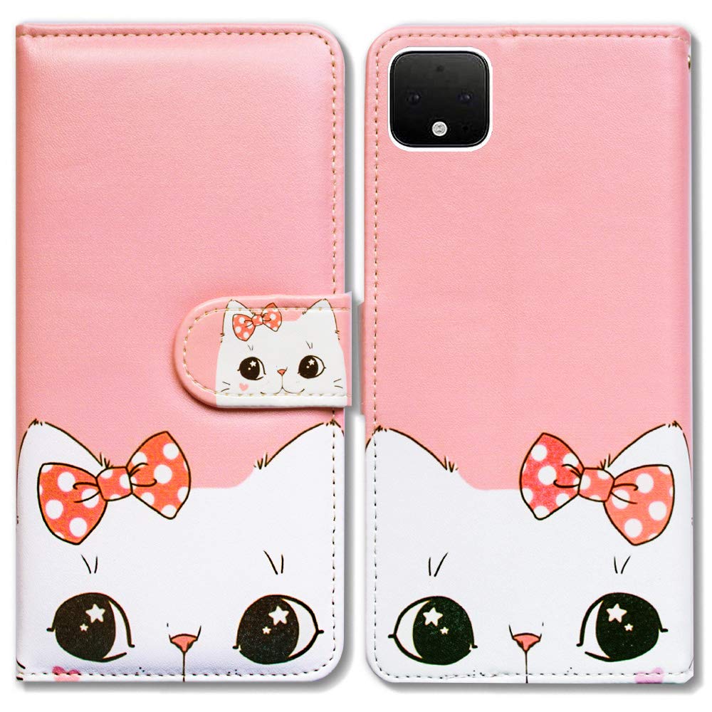 Bcov Google Pixel 4 XL Case, Pretty White Cat Leather Flip Case Wallet Cover with Card Slot Holder Kickstand for Google Pixel 4 XL