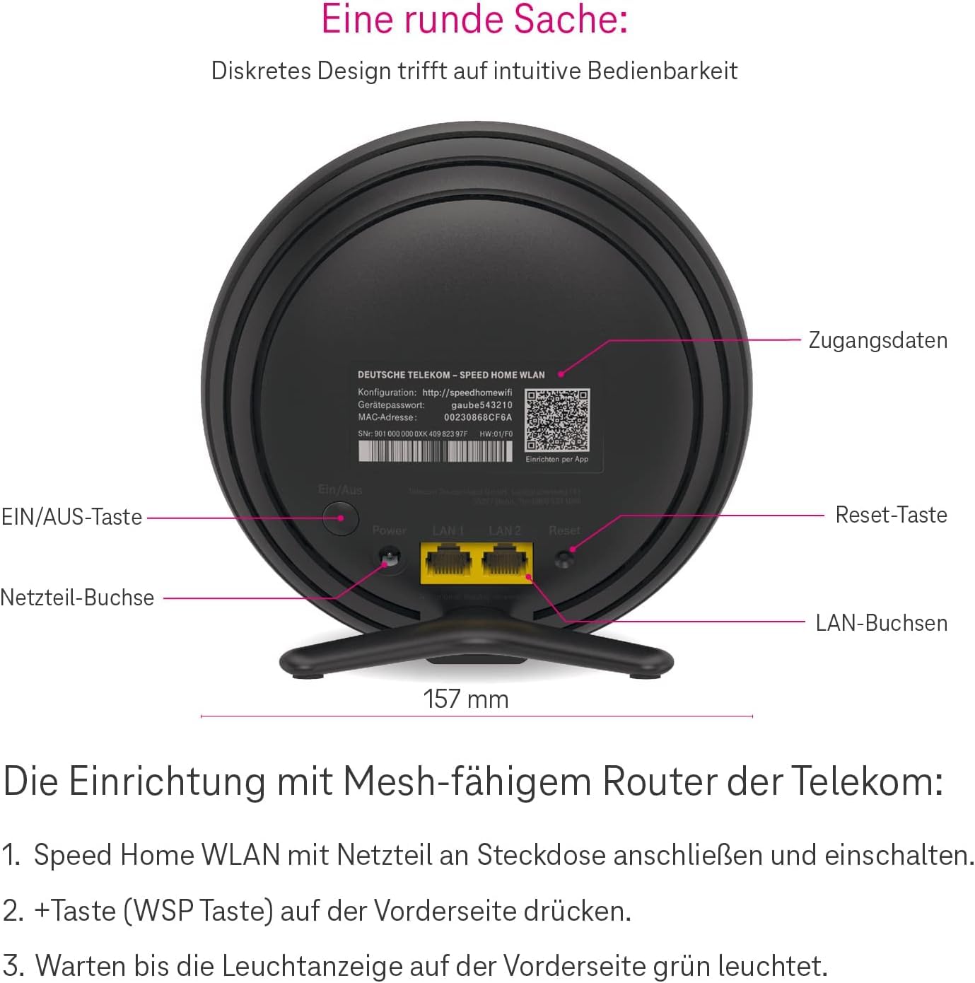 Telekom Speed Home WLAN 2. Gen | Wi-Fi 6 Mesh-Repeater für Starkes Heimnetz | bis 4.800 Mbit/s | Plug & Play per WPS | 2× LAN
