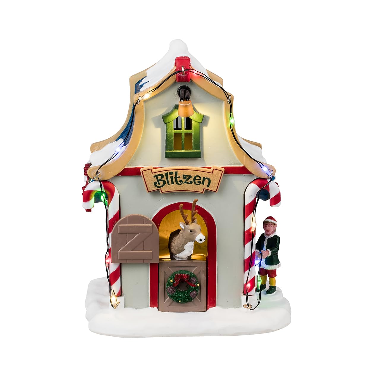 Lemax - Blitzen`s Den: Dekorative Bauernhaus-Skulptur aus Resin, Brown, Red, Green, für Indoor, Weihnachten, 2024, 4.00 x 3.54 x 5.2 inches
