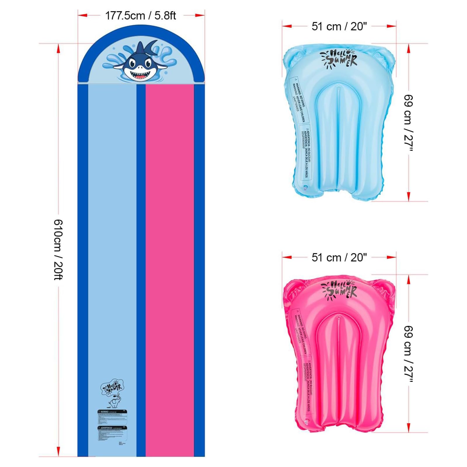 Scivolo Acquatico Extra Lungo da 6.1m, per Esterni Cortile Prato, Doppio Scivolo Resistente con Irrigatore per Bambini Ragazzi E Adulti, 2 Bodyboard Gonfiabili