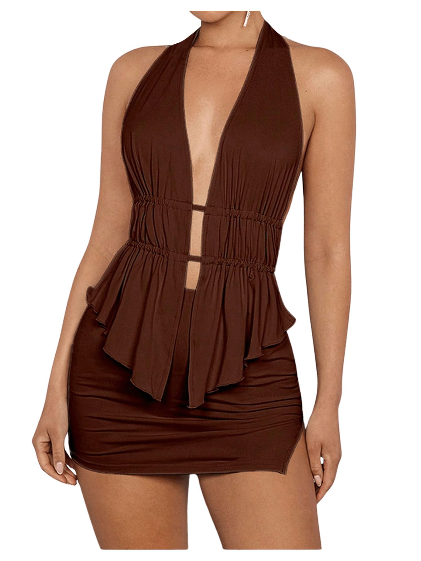 SHENHE Women's Sexy Outfits 2 Piece Y2k Backless Deep V Ruffle Halter Top Bodycon Slit Mini Skirt Set