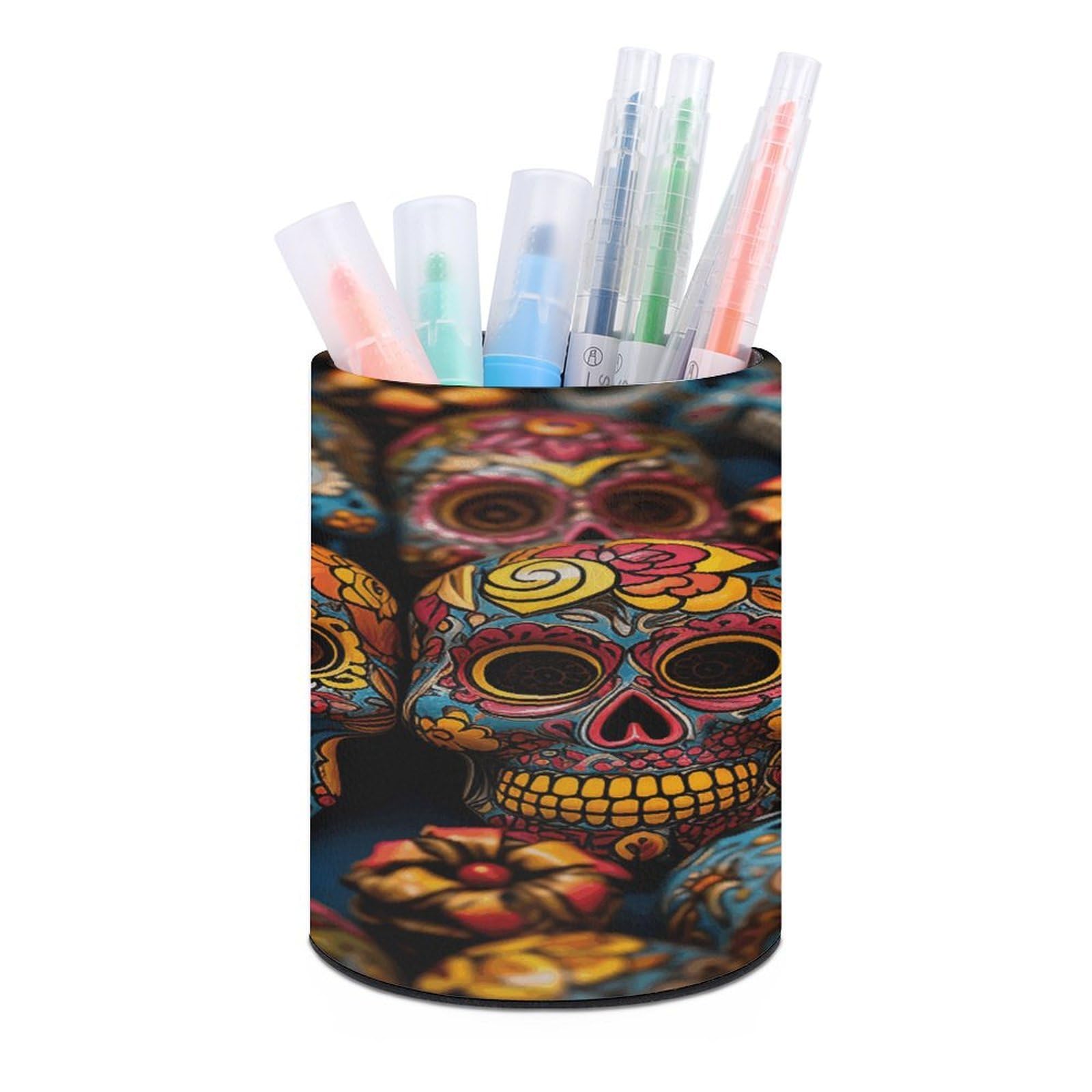 VstaDank Colorful Sugar Skulls Pen Holder PU Leather Pencil Cup Minimalist Desk Pencil Holder Round Make Up Brush Organizers For Office Dorm Room&Vanity Desk Accessories