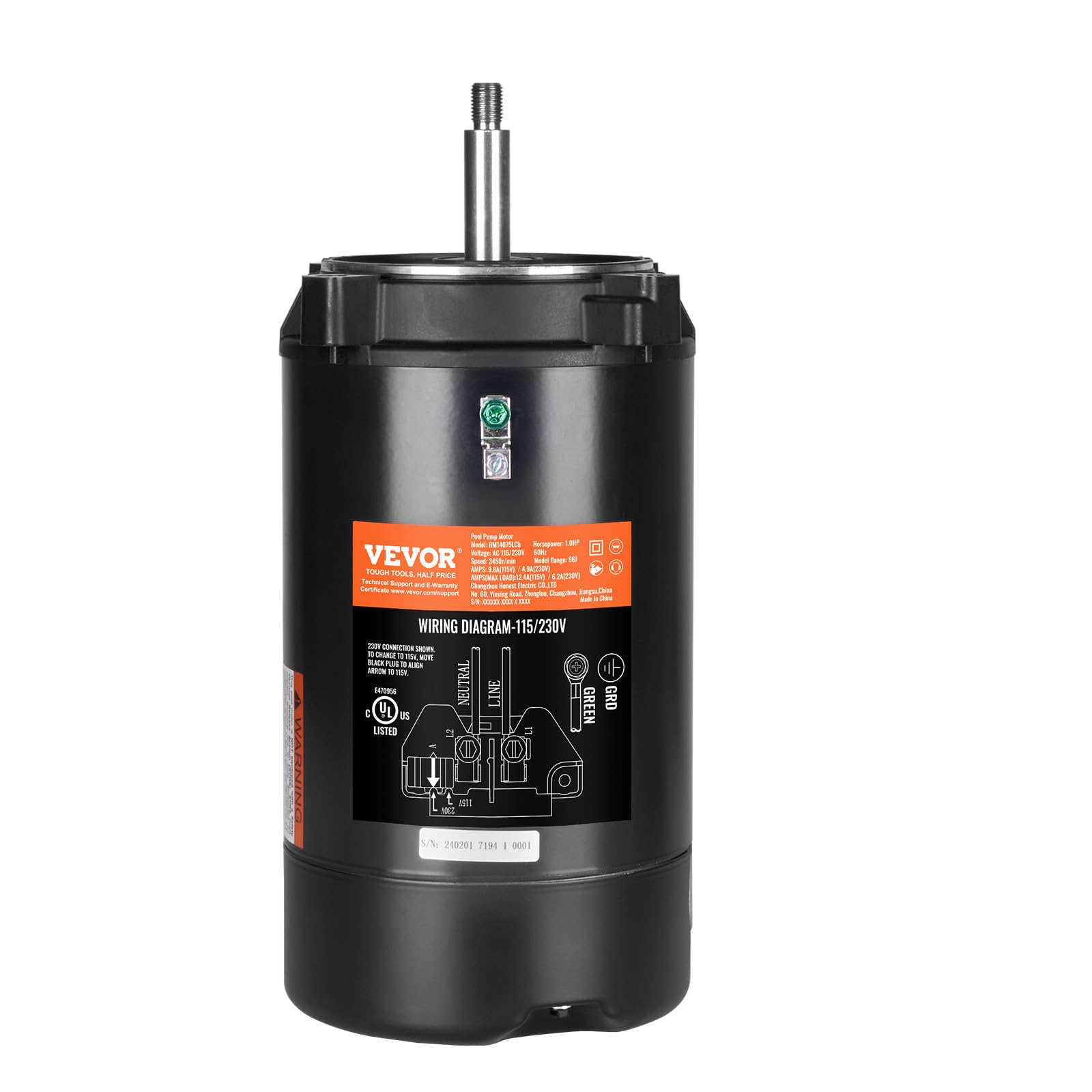 VEVOR 1.0 HP Pool Pump Motor, 3450 RPM High Speed, 115V (9.8 Amps) / 230V (4.9 Amps), 90μF/250V Capacitor, 1.4 SF, CCW Rotation, 56J Round Flange Replacemaxent Motor for Swimming Pools, Spa Centers