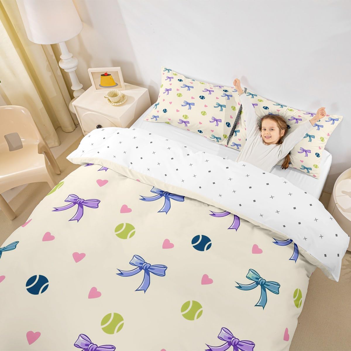 Homewish Bow Girls Single Size Duvet Cover Sets Cute Bowknots Bedding Set for Kids Teens Adults Preppy Tennis Balls Print Quilt Cover Coquette Sports Themed Decor - Image 4