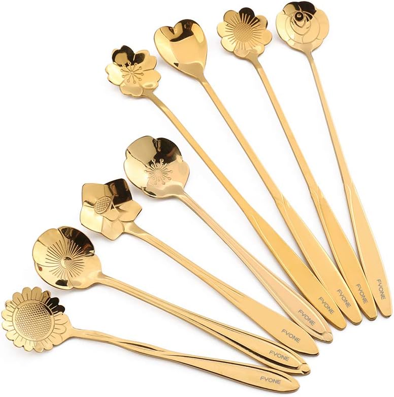 FYONE Stainless Steel Flower Spoon, Can be used as coffee spoon, sugar spoon, teaspoon, stirring spoon, ice tea spoon, etc.(Set of 8,Two Different Lengths) (Gold)…