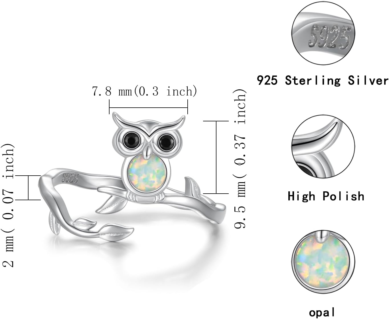 925 Sterling Silver Animal Ring - Adjustable Open Owl Axolotl Rings with Heart Cubic Zirconia Opal Cute Animals Jewelry Gifts for Women