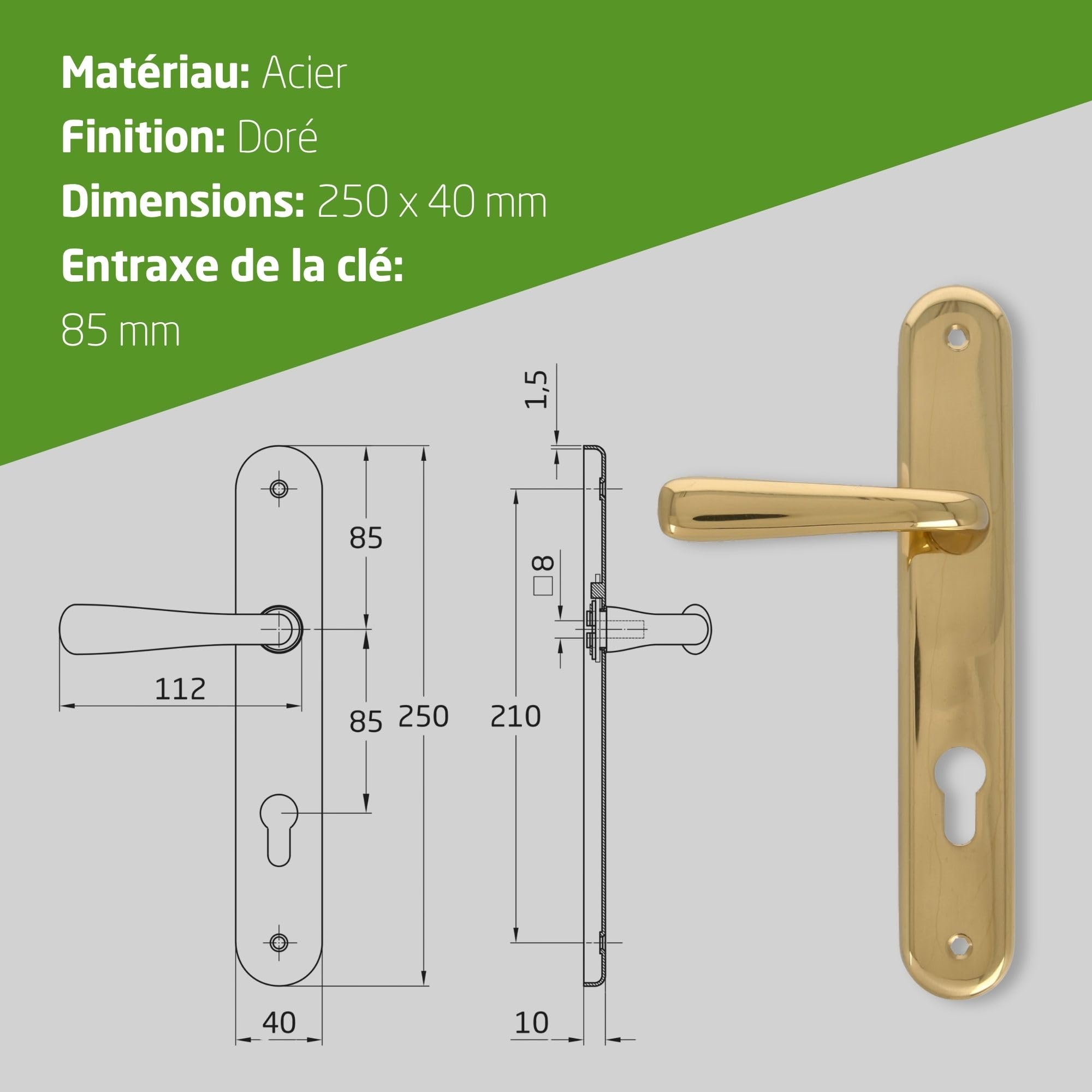 Amig - Jeu de poignées de porte en laiton - Modèle 252PB85-250X40 LAITON POLI - Dimensions : 250 X 40 mm - Carré de 8 mm - Résistant à la corrosion - Visserie incluse - Finition : POLI