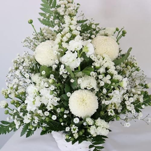 お供えのお花 冷蔵便 フラワーアレンジメント 生花 仏壇 お供え お悔み 法要 四十九日 (M, ゆりなし, 白)