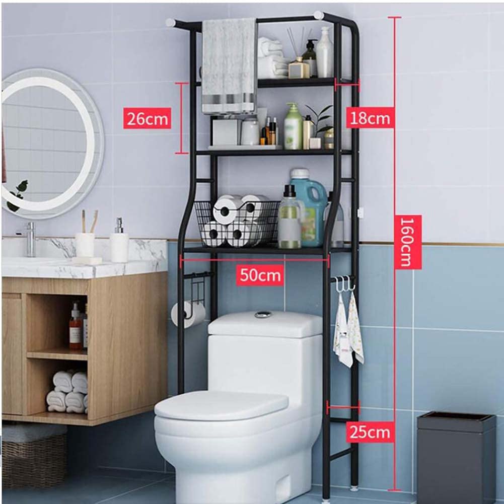 Scaffale a 3 ripiani in metallo antiruggine autoportante con porta carta igienica, per bagno, lavanderia e soggiorno, elegante design nero