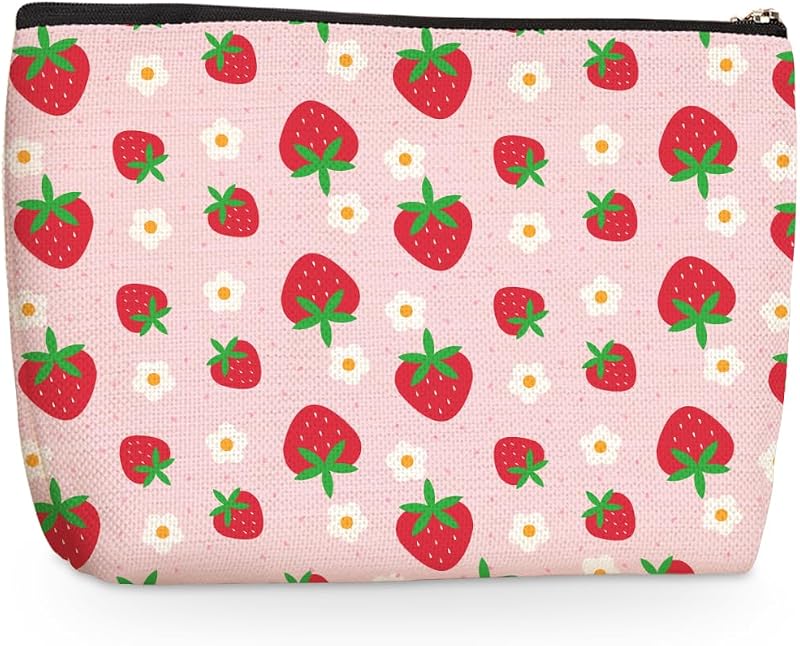 Necessaire retangular jealance com estampa de morango, algodão e linho, impermeável, 1 unidade