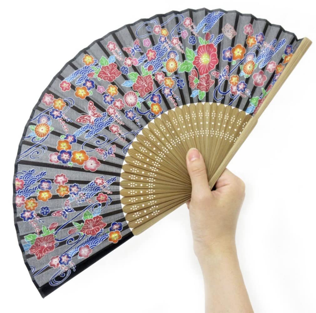 本場琉球紅型正絹牡丹古琉球紅型扇扇子梅麻の葉