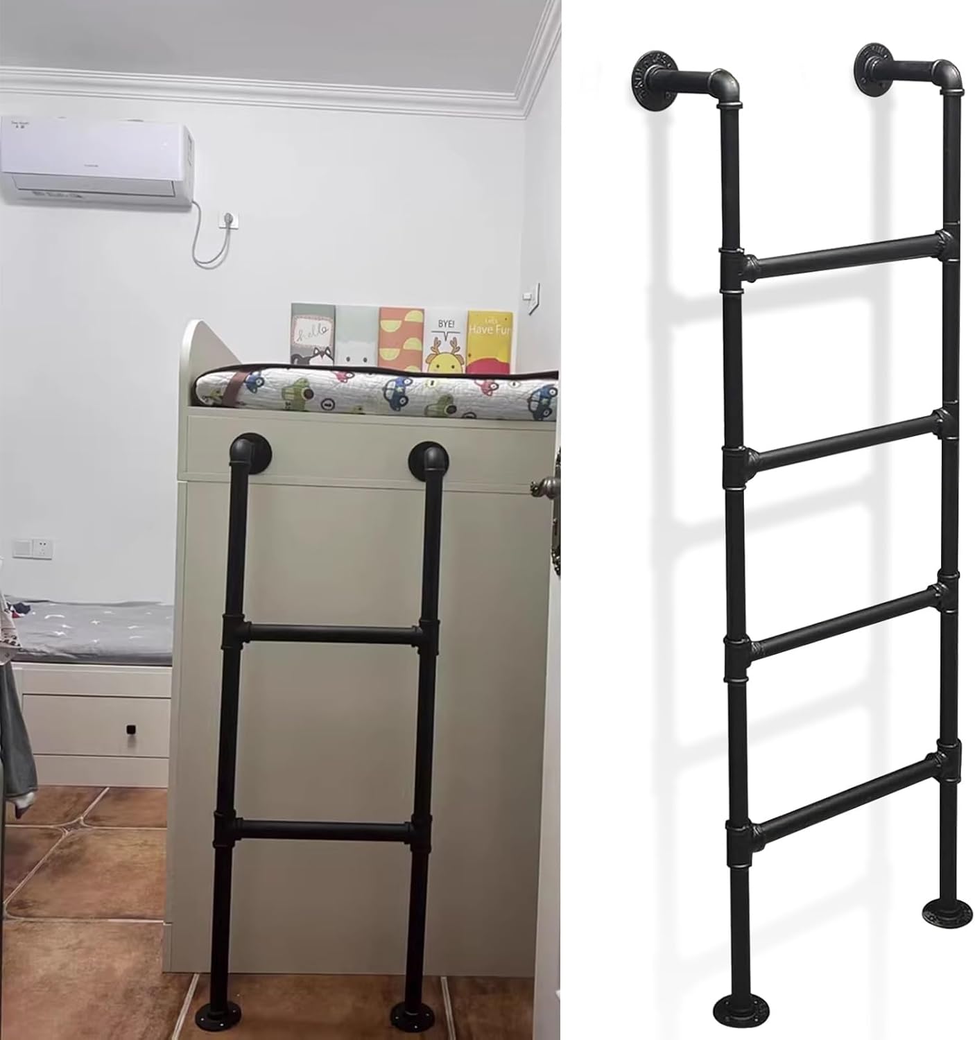 Wall Mounted Attic Bunk Bed Ladder, Universal Space-Saving Motorhome Step Ladder, Black Metal Steel Round Tube Step Ladders for Loft Climbing Ladders - Customizable Size(160cm/63in