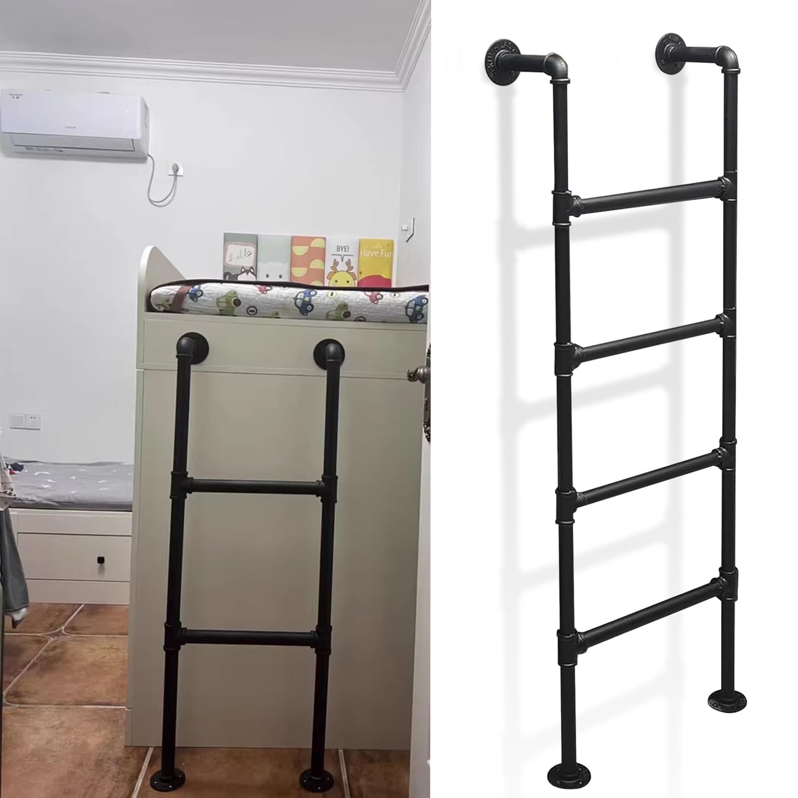 Escalera para litera de ático montada en la pared, escalera universal para autocaravana, escalera de tubo redondo de acero de metal negro para escalada en loft